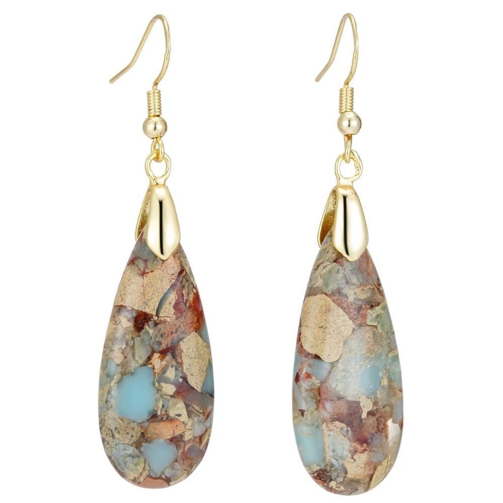18K Yellow Gold with Natural Agalmatolite Stone French Wire Drop Hook Earrings